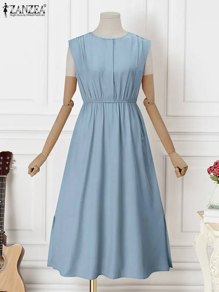 

ZANZEA Casual Side Slit Tank Dresses Sleeveless Midi Dress Women 2023 Summer Solid Color Elastic Waisted Commute O-neck Sundress