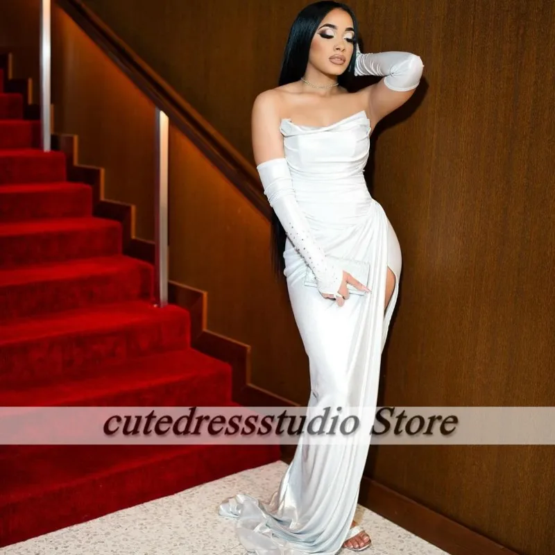 Elegant Wihte Evening Dresses With Golves Strapless African Mermaid Wedding Party Dress Prom Gowns vestido longo Customized