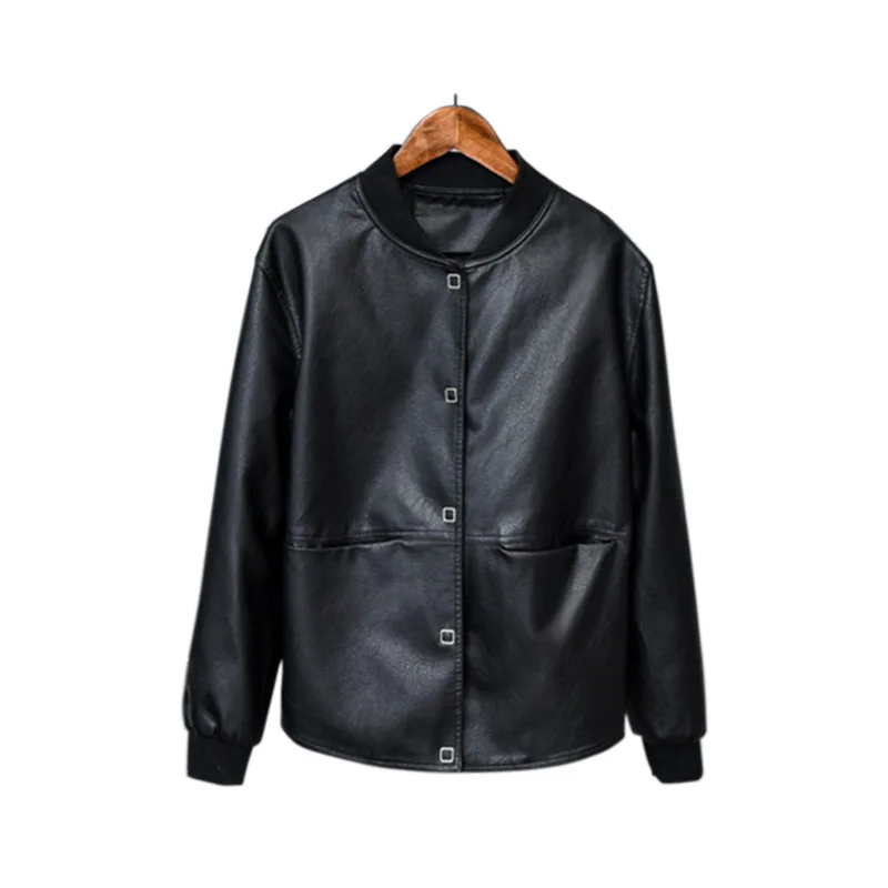 2023 loose version of single breasted leather women's baseball clothes leather jacket short style stand-up collar coat