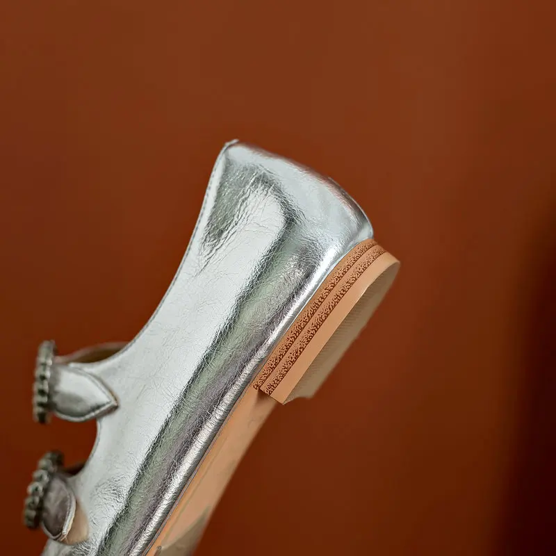 Gold Silver Black Heeled Flats Girls Luxury Mary Janes Shoes 2022 Fall Retro Genuine Leather Crystal Buckle Sweet Princess Shoes