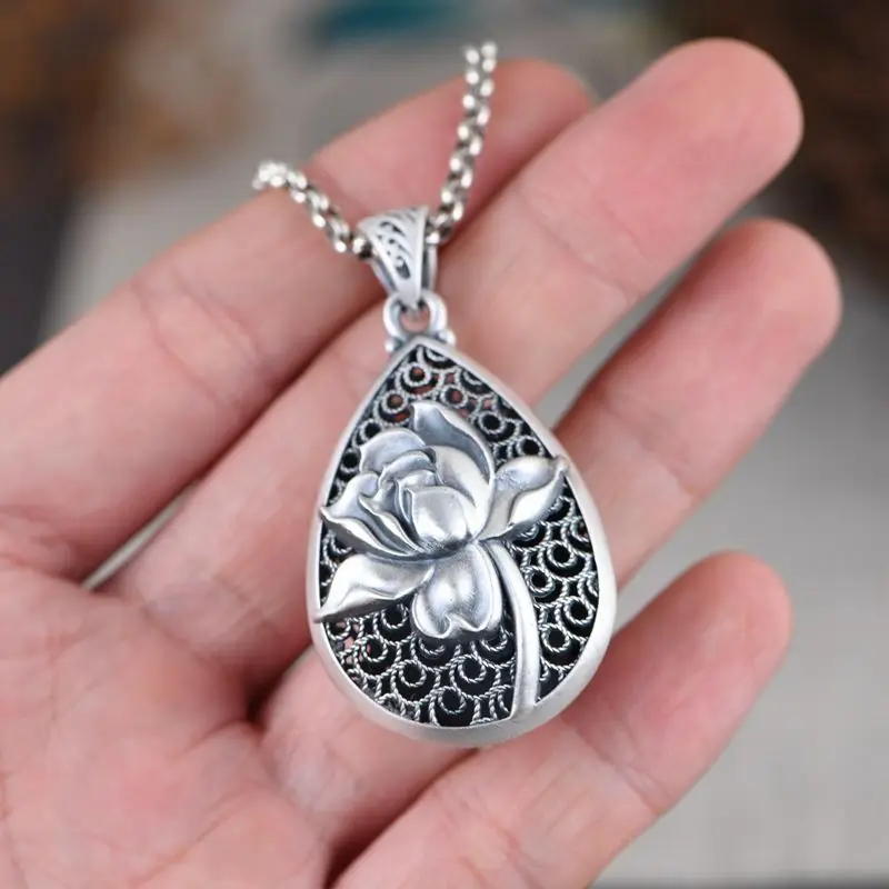 Винтажный кулон в виде капли цветка лотоса с гравировкой из серебра 925 пробы