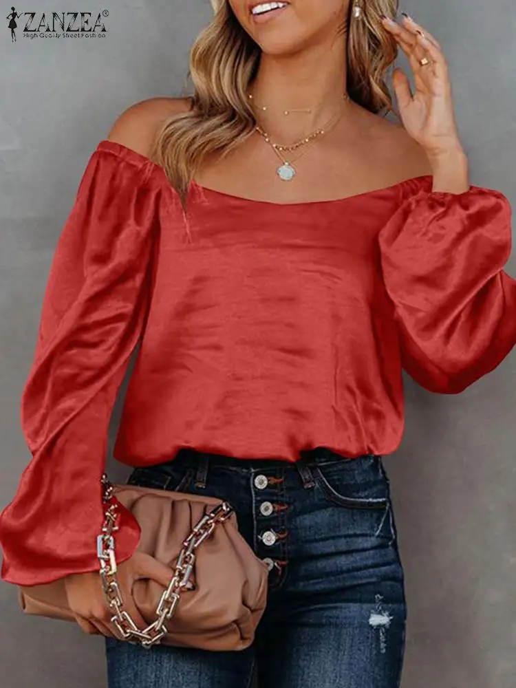

Women Square Neck Long Sleeve Satin Blouse ZANZEA Elegant Spring OL Tops Shirt Stylish Solid Holiday Blusas Fashion Female Tunic