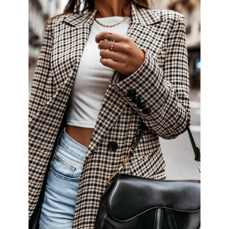 Blazer for Women 2023 Autumn and Winter New Coat Button Plaid Print Women Blazer Jacket Women's Mid Length Coat