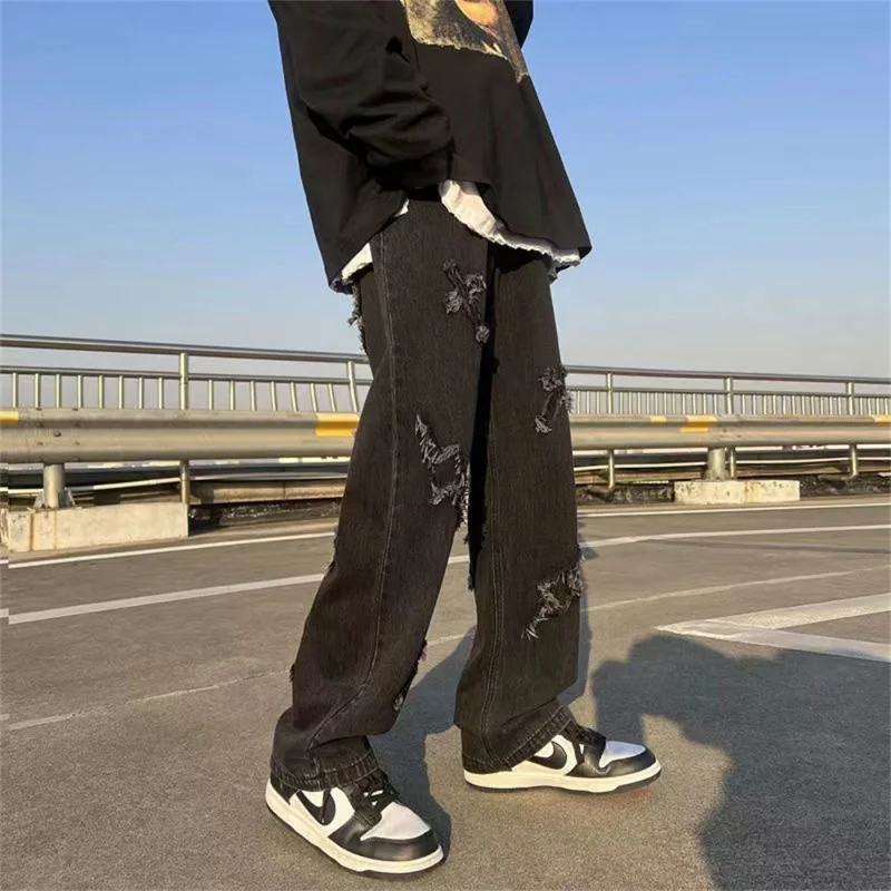 New Fashion Trend Casual Streetwear Printed Cross Trousers Jeans Pants Baggy Men Jeans Denim Pants Fashion Loose Wide Leg Jeans