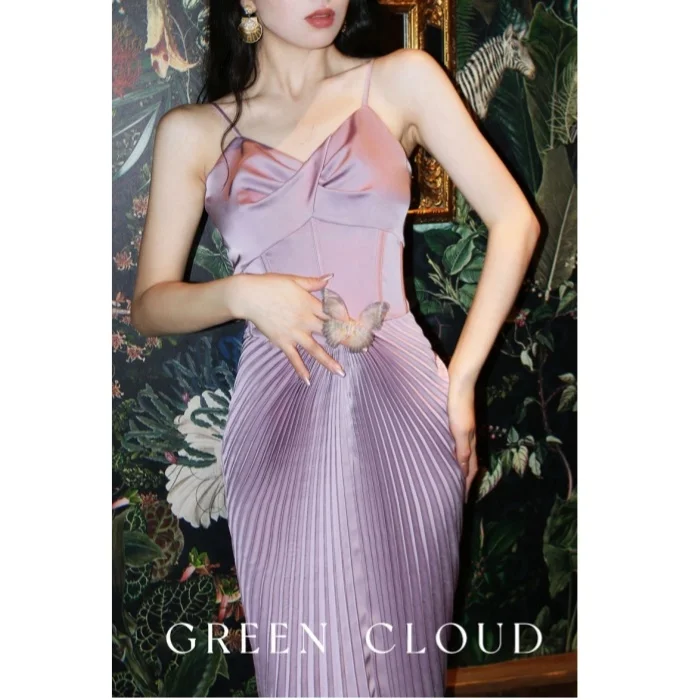 

Green Deep Sea Romantic and Elegant Design Sense Fish Bone Slim Fit V-neck Pleated Split Purple Dress