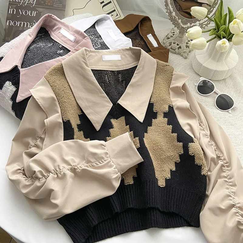 

French Chic Blouse Fake Two Pieces Shirts Women Turn Down Collar Shirt Tops Casual Blouses Shirring Sleeve Blusas Dropshipping