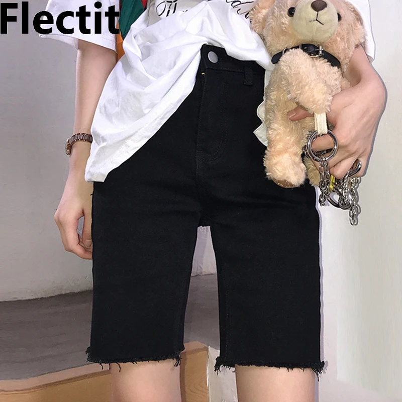 

Flectit Women Black Denim Bike Shorts With Frayed Hem Summer Streetwear