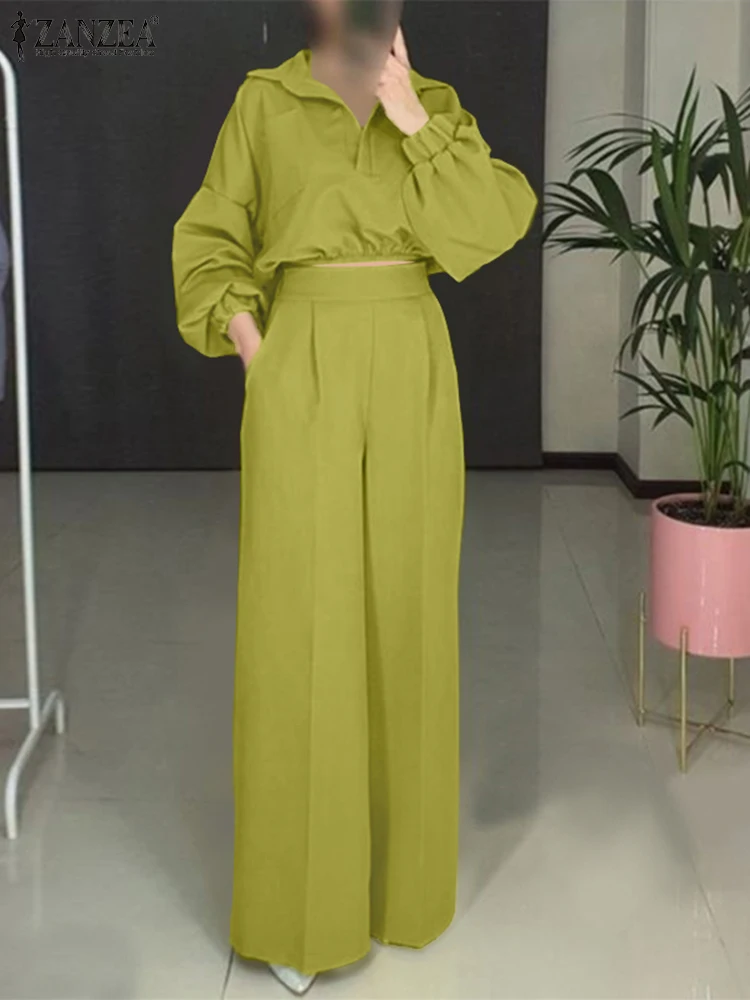 

ZANZEA Fashion Women Lapel Neck Long Sleeve Blouse Pant Sets 2PCS Wide Leg Trousers Suits Elegant OL Matching Sets Tracksuits