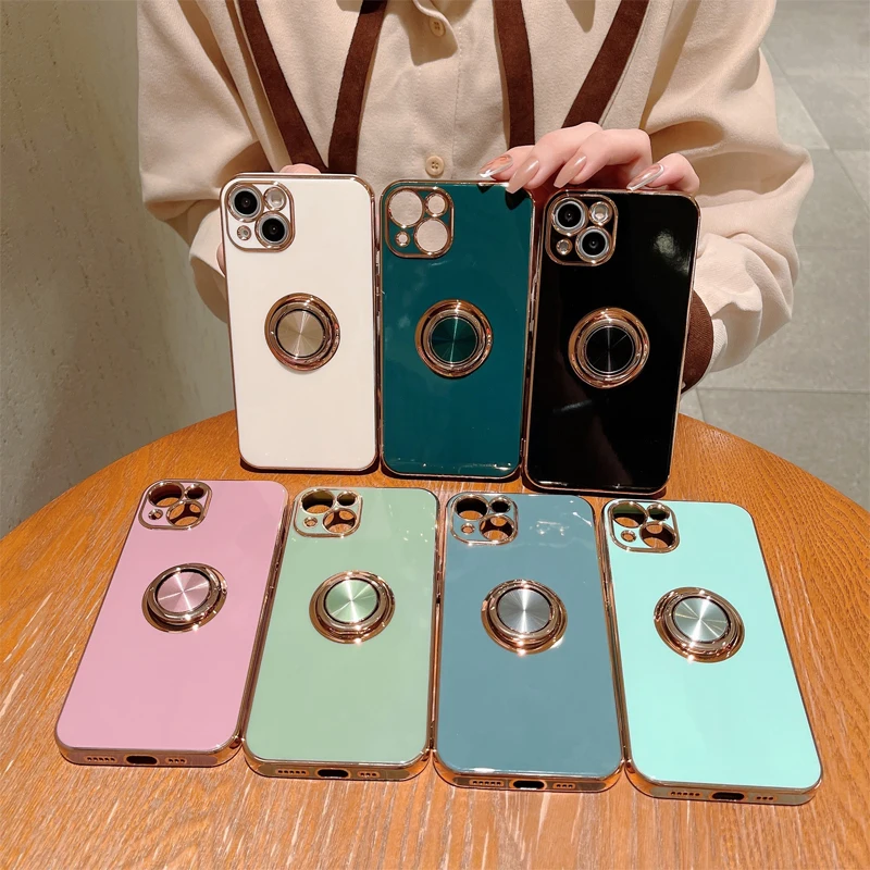 Luxury Plating Magnetic Attraction Ring Phone Case For iPhone 14 13 12 11 Pro Max Mini X XR 7 8 Plus SE3 Soft Covers With Holder