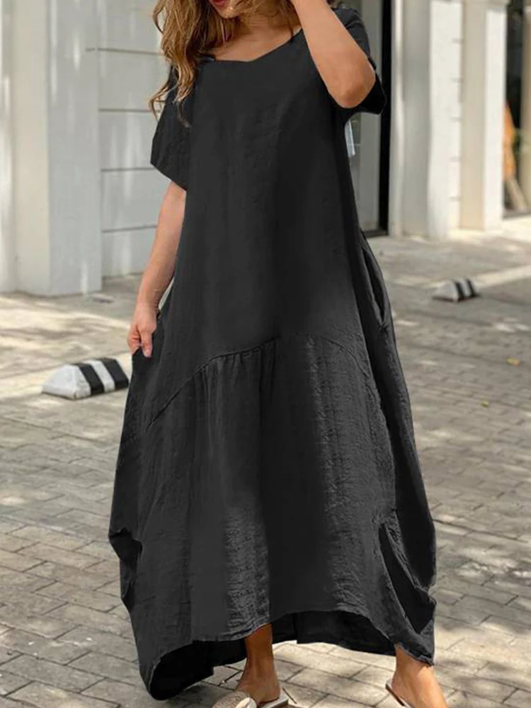 Купи Women Summer Fashion Cotton Linen Pocket Dress Casual Short Sleeve O Neck Loose Long Dress Simple Solid Lady A-Line Dresses New за 1,202 рублей в магазине AliExpress