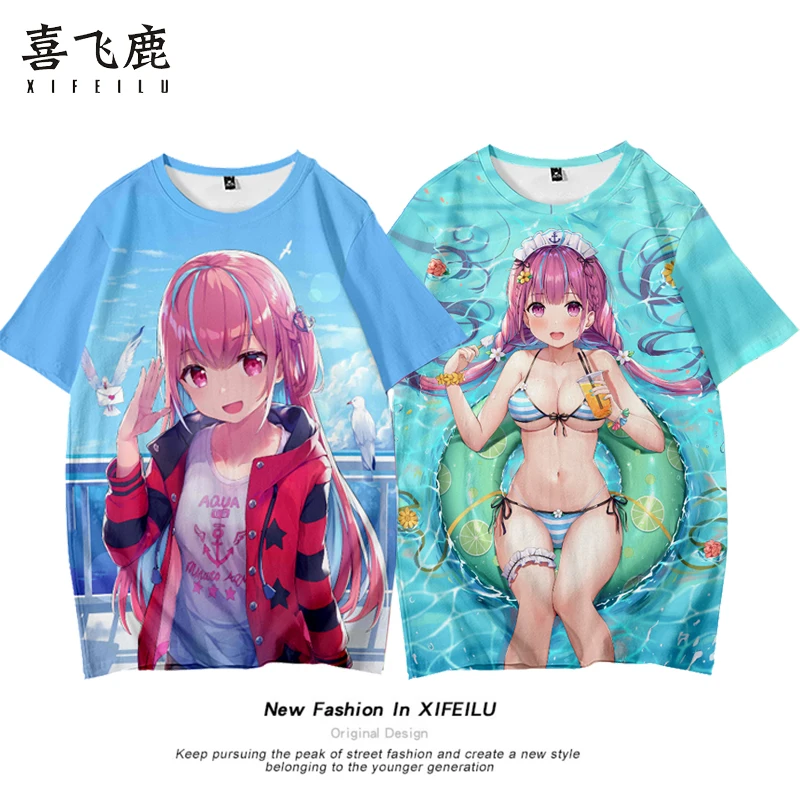 

Аниме Hololive VTuber Minato Aqua Косплей милая девушка унисекс летняя мода короткий рукав Повседневный круглый воротник Топы Футболка подарки