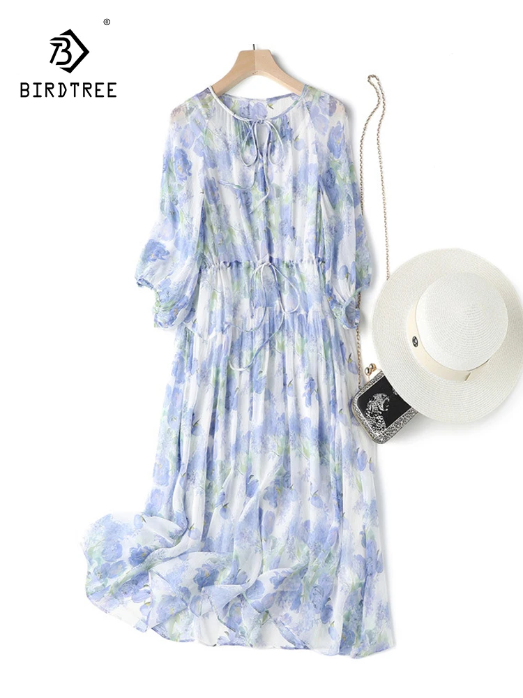 

Birdtree 8MM 100%Mulberry Silk Printed Dress Smooth Crepe Lace up Medium Length Dress O Neck Three Quarter New Clothes D37922QC