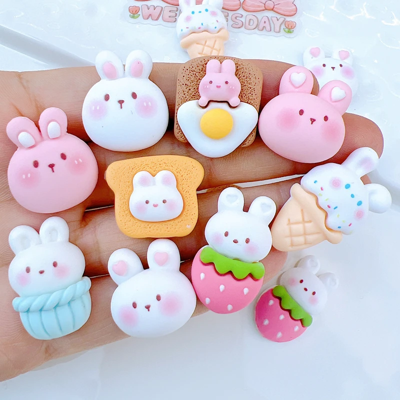 10 Pcs New Cute Cartoon Rabbit Cake Ice Cream Flat Back Resin Cabochon DIY Jewelry Hairpin Craft Decoration Accessories