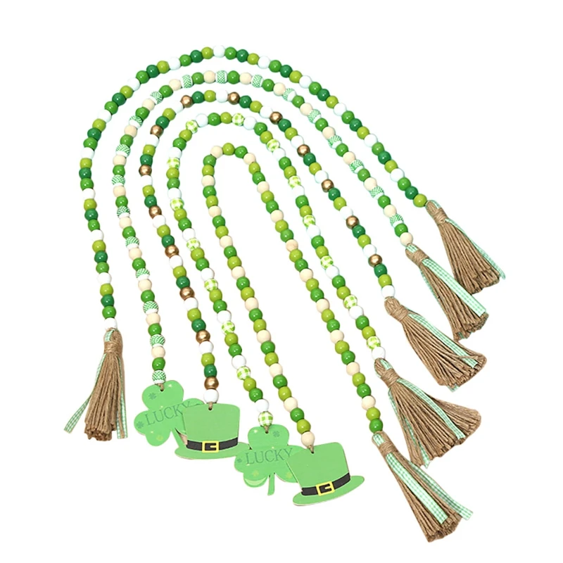 

5 Pieces St. Patrick's Day Wood Beads Garland With Tassels Farmhouse Style Irish Wood Beaded Decor Hanging Ornaments