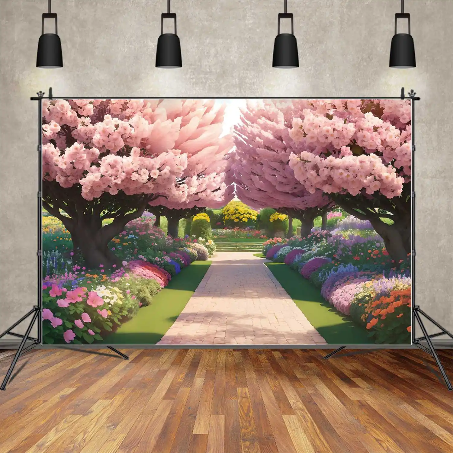 

Spring Blossom Road Party Photography Backdrops Floral Flowers Green Grass Customized Baby Photo Booth Photo Backgrounds