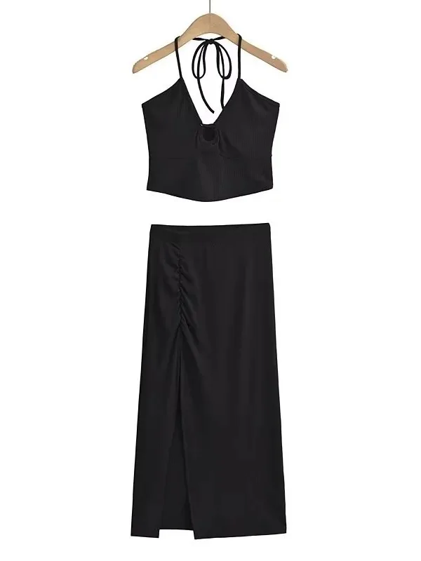 Новый летний висячий женский однотонный тонкий топ на шнуровке + длинная юбка