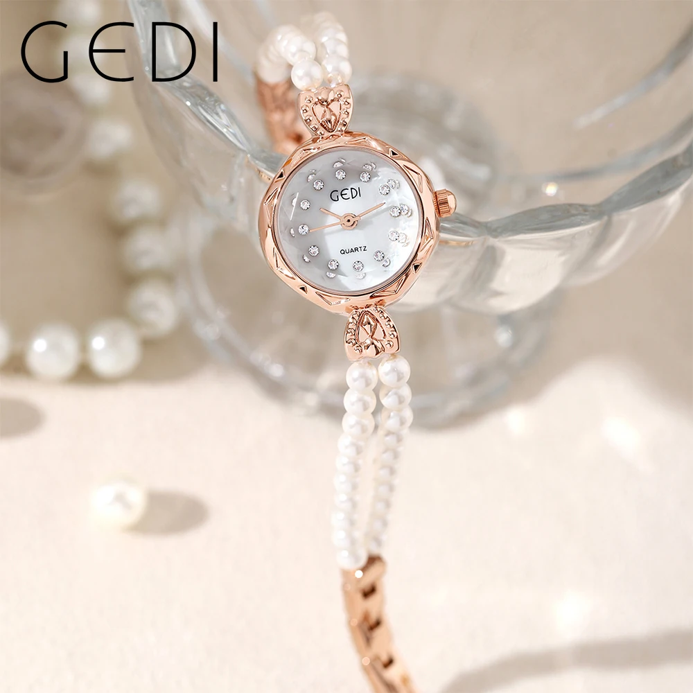 GEDI Luxury Women's Watches Waterproof Rhinestone Pearl Quartz Bracelet Watch for Women Elegant Ultra-thin Lady Watch Clock Gift