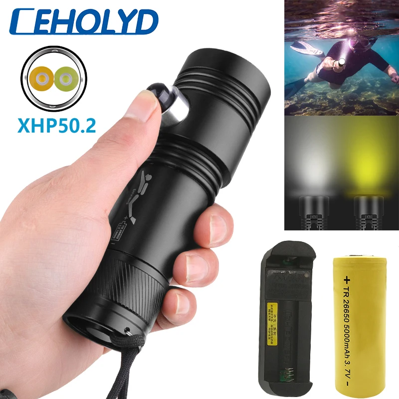

Ceholyd Led Diving Flashlight XHP50 Waterproof IPX8 Torch Underwater 80m Aluminum Alloy High Quality Light Power For 18650 26650