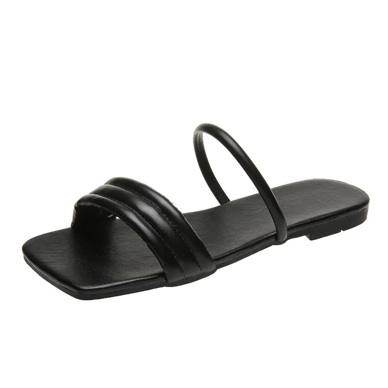 

Women Slippers Square Toe Female Slides Slipper PU Leather Sandals 2022 Summer Fashion New Woman Flip Flops Concise Flat Shoes