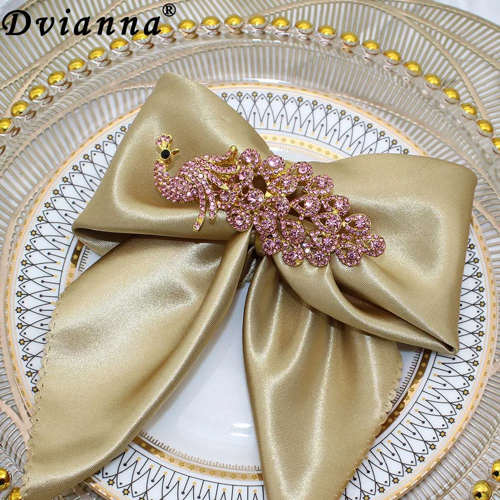 

6Pcs Luxury Peacock Napkin Rings Pink Rhinestone Napkin Holder for Wedding Christmas Party Valentine's Day Table Decor HWD36