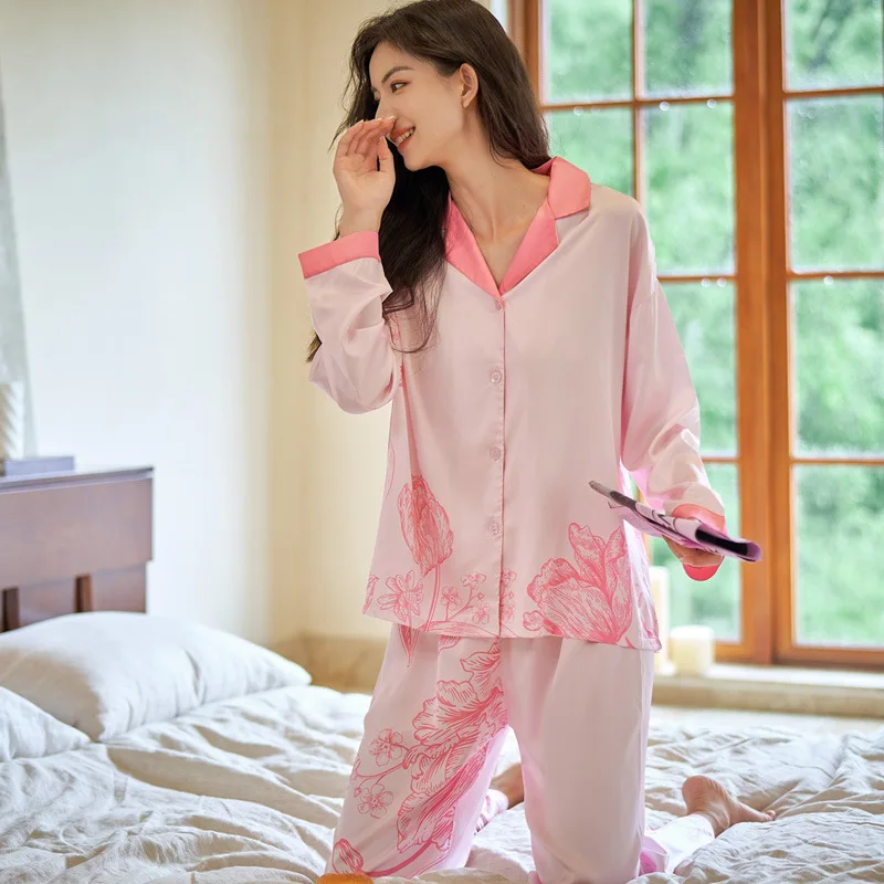 High Quality Women's Pajamas Set Floral Print Faux Silk Nightie Pink Homewear Leisure Simple Sleepwear Loungewear Female
