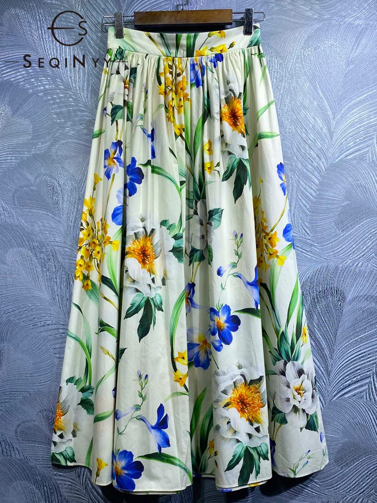 SEQINYY 100% Cotton Skirt Summer Spring New Fashion Design Women Runway High Quality Vintage Sicily Flowers Print A-Line