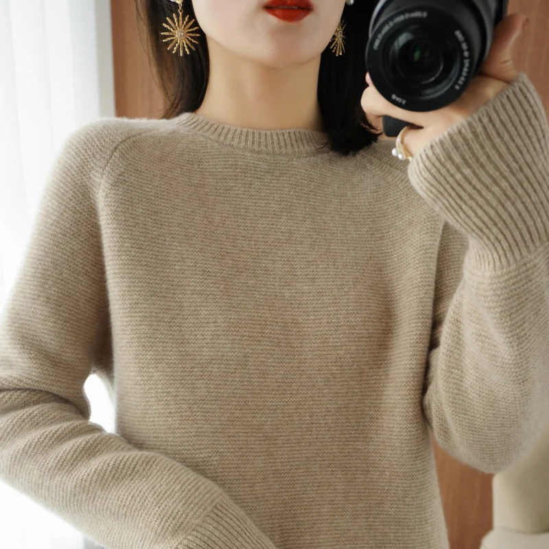 

High-End Autumn Winter Double Thickening Loose 100% Wool O-Neck Sweater Women's Cashmere Knitted Girl Clothes Outwear