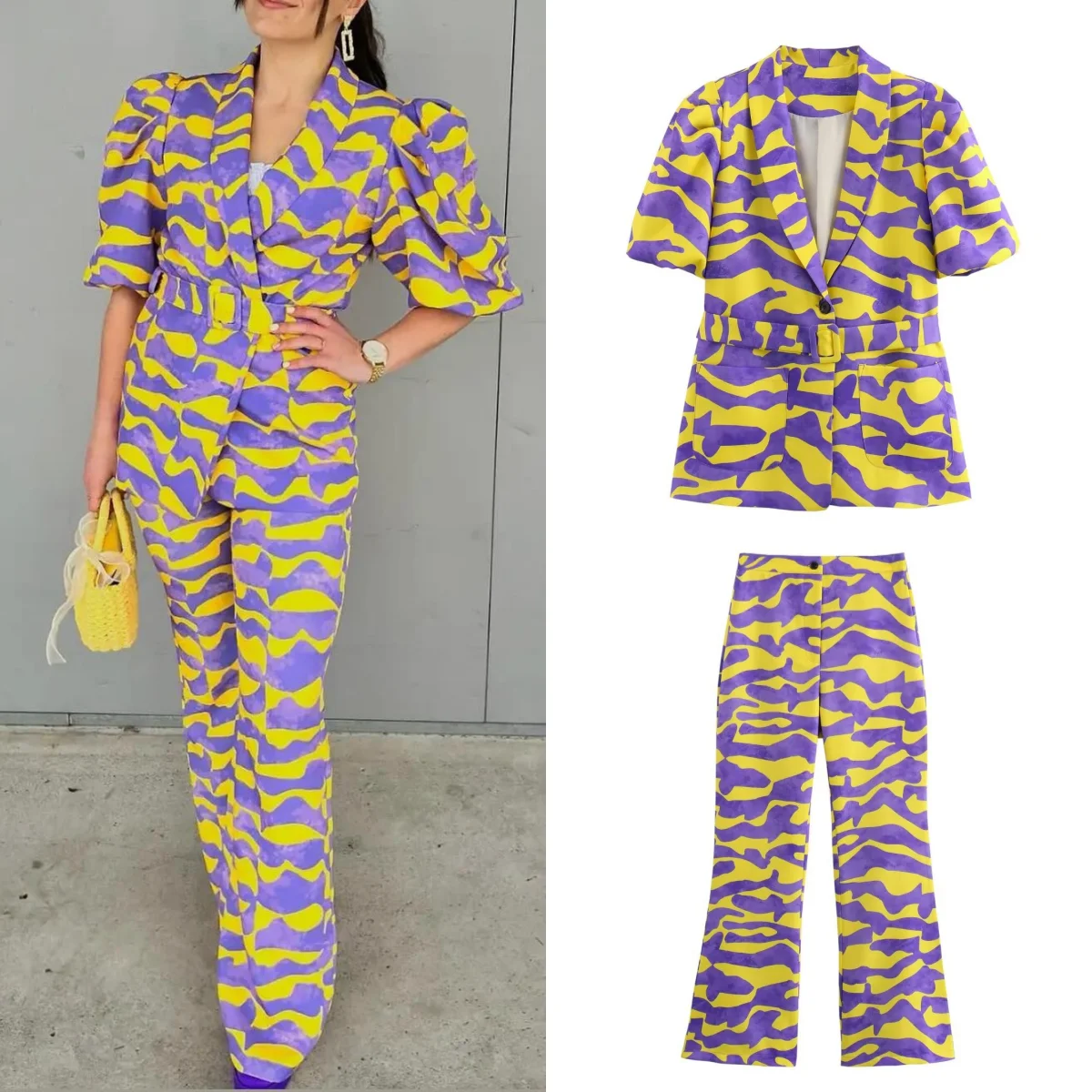 Женский блейзер на пуговицах с принтом TRAF узкие брюки завышенной талией и поясом