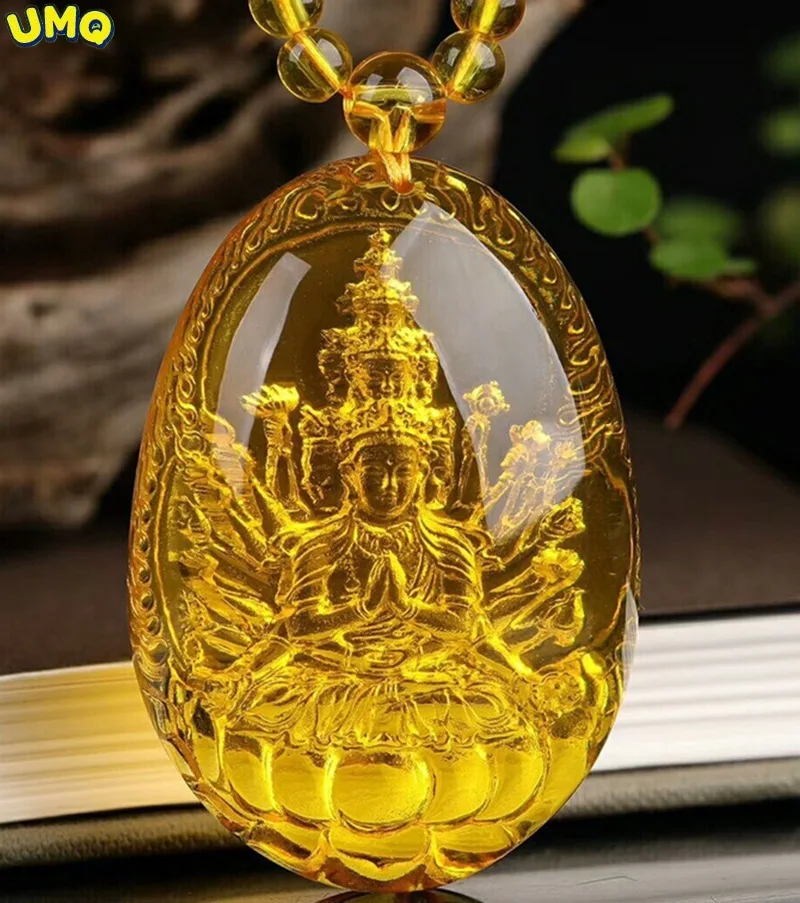 

Golden Amber Eight Patrons Thousand Handed Buddhist Bodhisattva Zodiac Mouse Life Buddha Pendant Sweater Necklace Amber Pendant