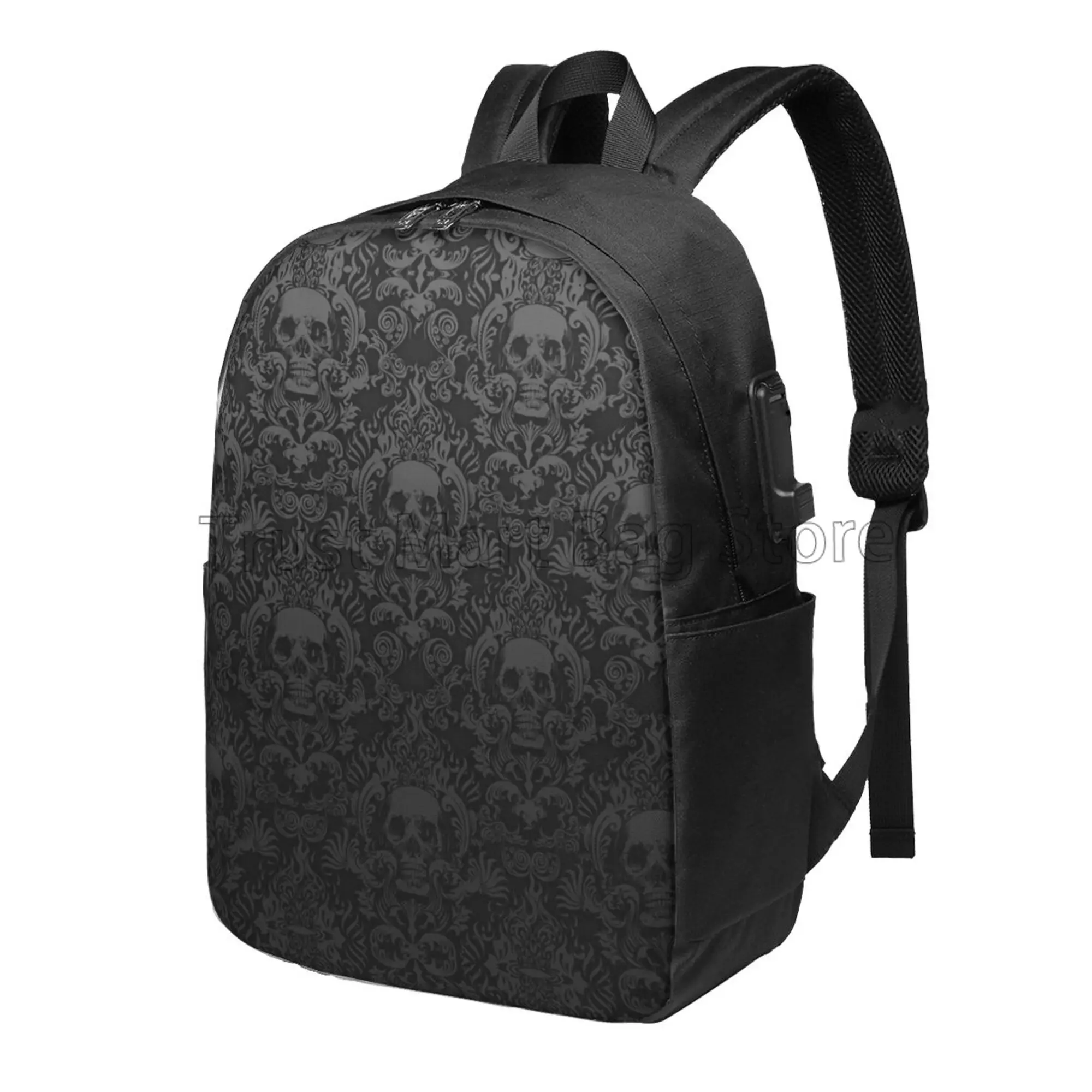 

Goth Gothic Black Skull Damask Pattern Laptop Backpack 17 Inch Durable Lightweight Casual Travel Daypack with USB Charging Port