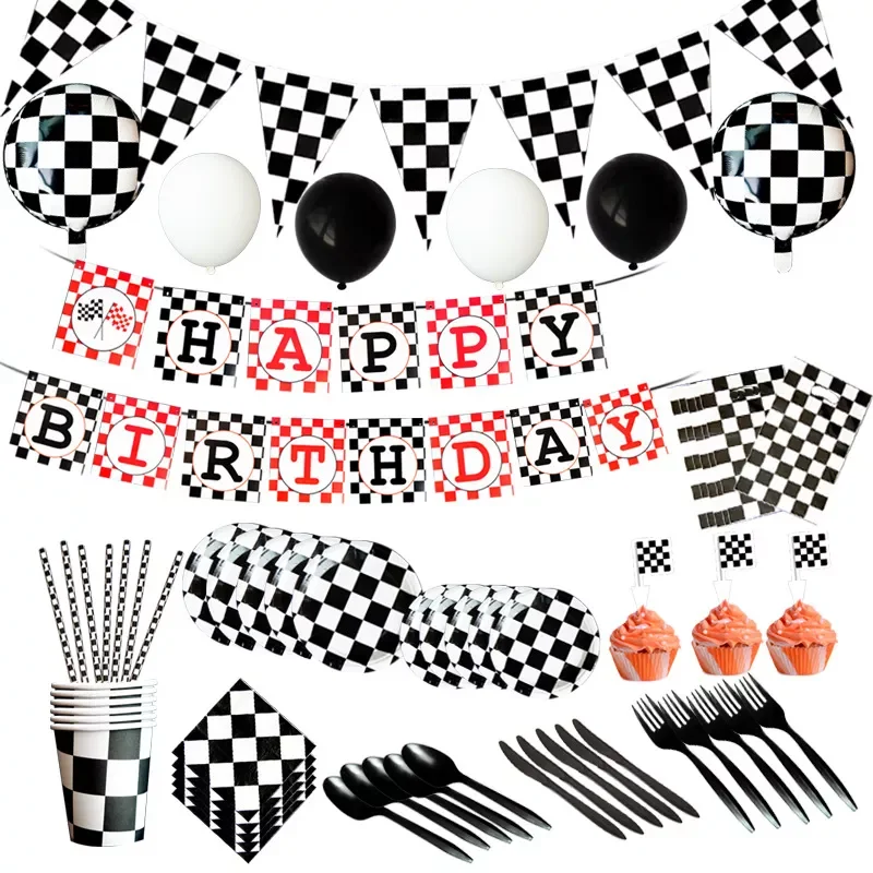 

NEW2023 Checkered Race Car Themed Party Disposable Tableware Set Black White Racing Flag Latex Balloons Kids Adult Party Decor S