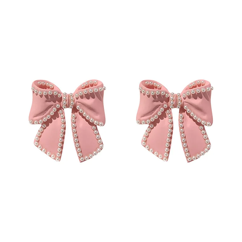 

S925 Silver needle bow earrings Pearl pink bow earrings female