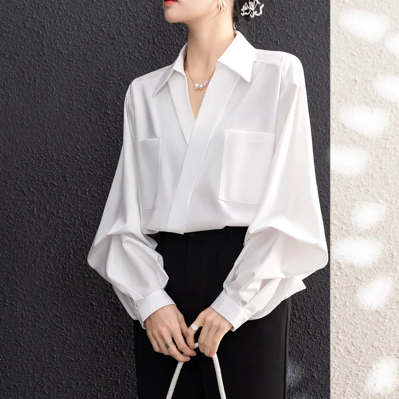 Модная женская блузка с отложным воротником белая длинным рукавом рубашка