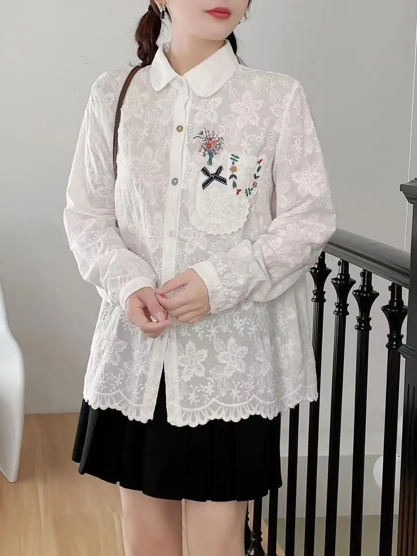 Новая осенняя хлопковая рубашка с длинными рукавами женские топы вышивкой на