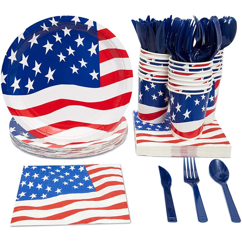 

Independence Day Disposable Tableware Set July 4Th Us National Day Party Supplies American Flag Tablecloth Plate Drinkware Decor
