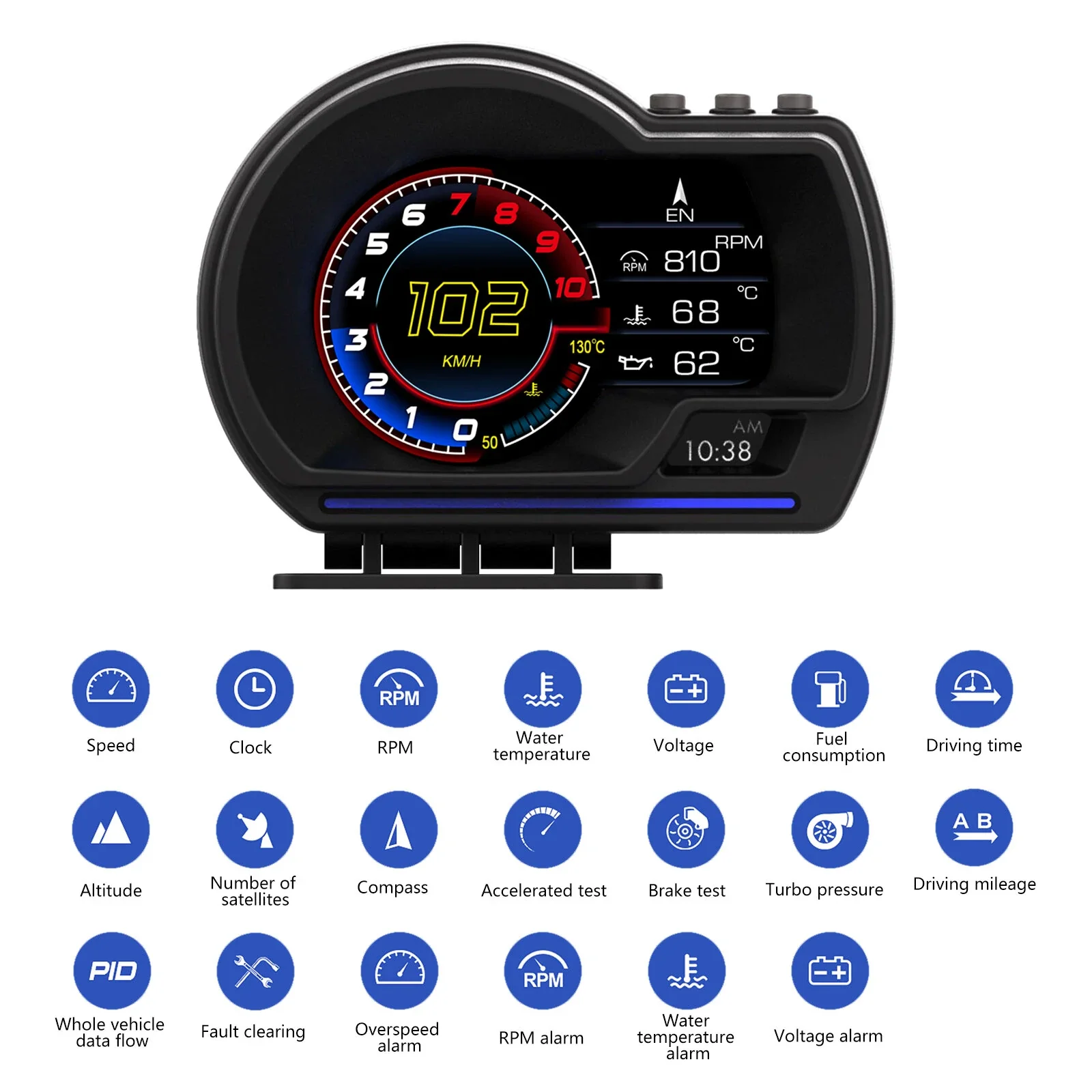 Фото Автомобильный проекционный дисплей (HUD) OBD2+GPS: Умный автомобильный HUD-дисплей, цифровой одометр, сигнализация безопасности, сигнализация о температуре воды №4