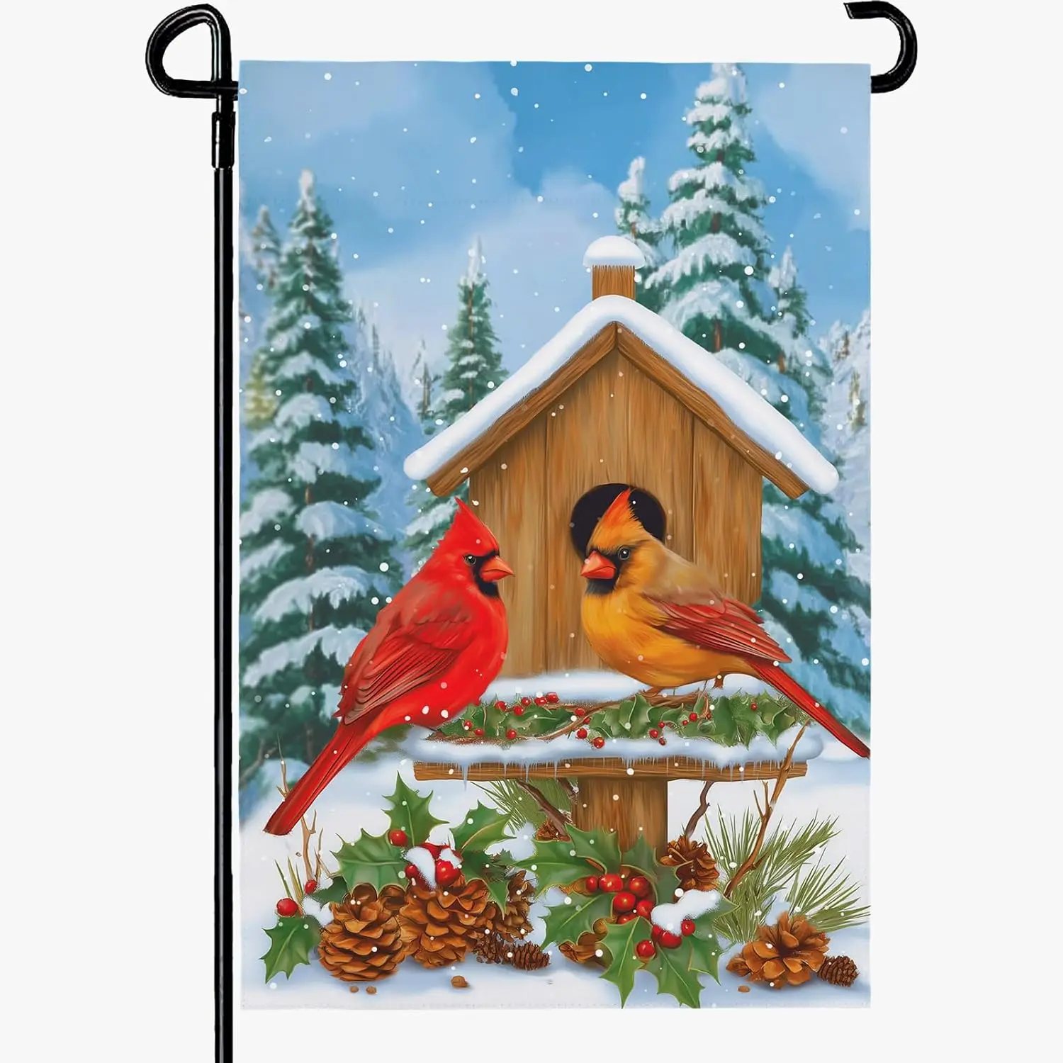 Фото Флаги Cardinal Winter Garden 12x18, двусторонние, с изображением птичьего гнезда, рождественские, для улицы, снежный пейзаж, для двора, фермы, LLG №1