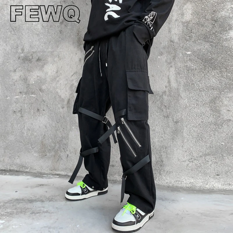 

FEWQ Ribbon Men's Spring Overalls Casual Spliced Drawstring High Street Male Trousers Fashion 2022 New Safari Style Pants 24B585