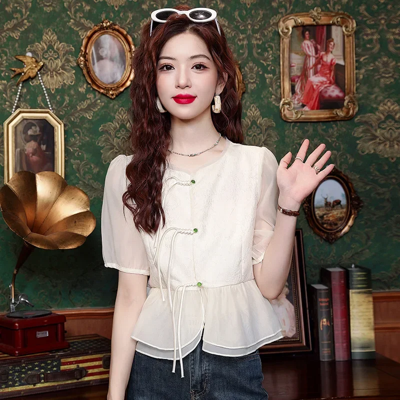 Лето 2023 новый стиль жаккардовый шифоновый топ с пышными рукавами дизайн пряжкой