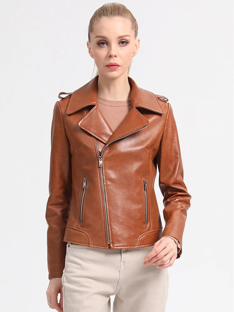 New Women Short Sheepskin Coat Spring Autumn Fashion Soft Turn-down Collar Long Sleeve Genuine Leather Jacket Slim Outerwear