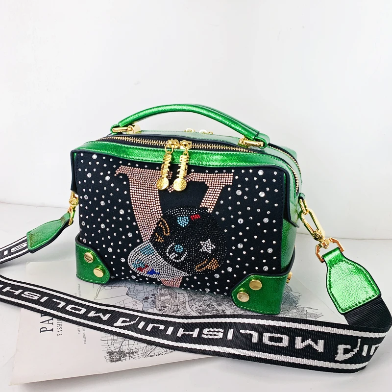 

Genuine Leather Women Handbags Rivet Rhinestone Women Shoulder Bag Ita Fashion Luxury Ladies Messenger Bags Female Tote Bag