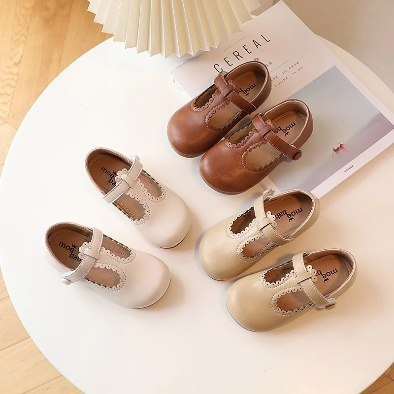 

Korean Children's Leather Shoes Simple Cute Kids Lace Breatheable 2023 Spring and Autumn New Girls Casual Shoes Solid Color Flat