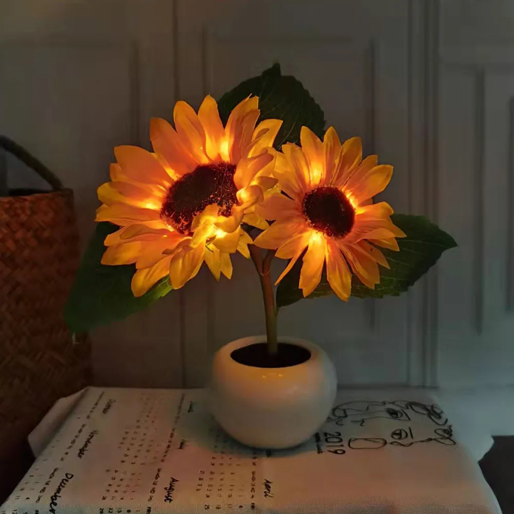 Sunflower Night Light Ceramic Potted Button Battery LED Simulation Flower Decoration Living Room Bedroom Decoration Night Light