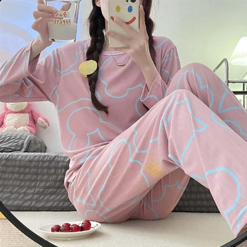 Wholesale Pajamas Sets Spring Carton women Long Sleeve Sleepwear Suit Autumn Cute Big Girls Homewear Gift for female Sleepwear