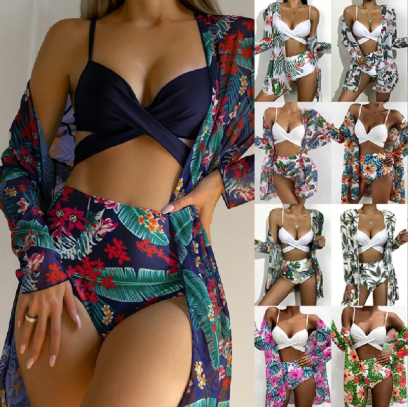 Three Pieces Bikini Set Cover Up Women 2022 New Push Up Twist Swimsuit Print Long Sleeve Swimwear Biquini Bathing Suit Summer