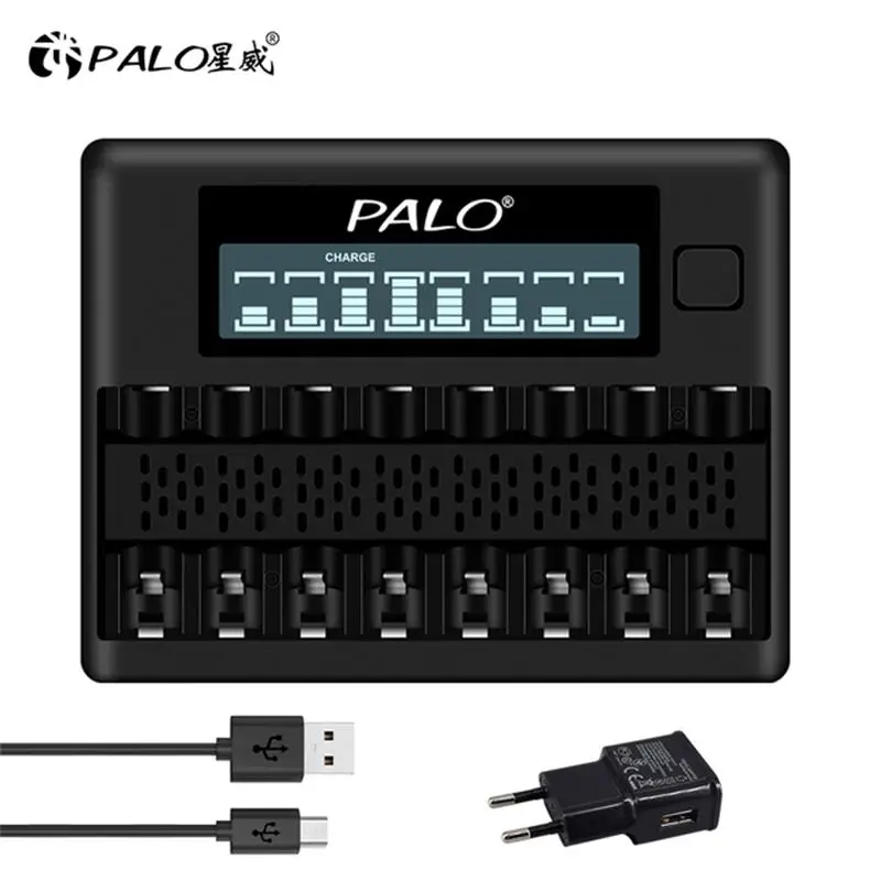 PALO AA AAA Battery Charger 8 Slots LCD Display Intelligent Fast Smart Charger for 1.2V AA AAA Ni-MH NiCd Rechargeable Battery 4 24pcs 1 2v ni mh aaa 3a rechargeable battery and usb lcd display smart charger for 1 2v aa aaa batteries