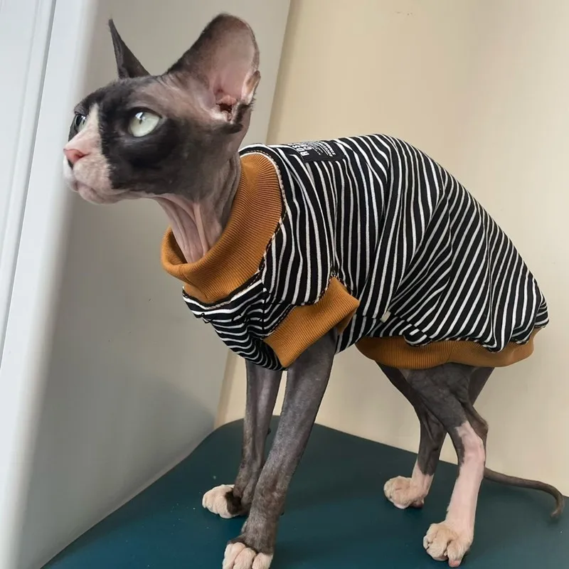 

Полосатая толстовка с котом Sphynx, футболка без волос с котом, одежда, удобное хлопковое пальто для Devon Rex Cat, мягкий жилет для весны, верхняя одежда