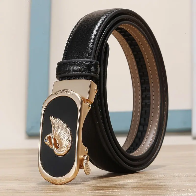 Fashion Ladies Leather Belt Soft Texture Lychee Pattern Automatic Buckle Fine Section Literary Youth Leather Belt Design 2382