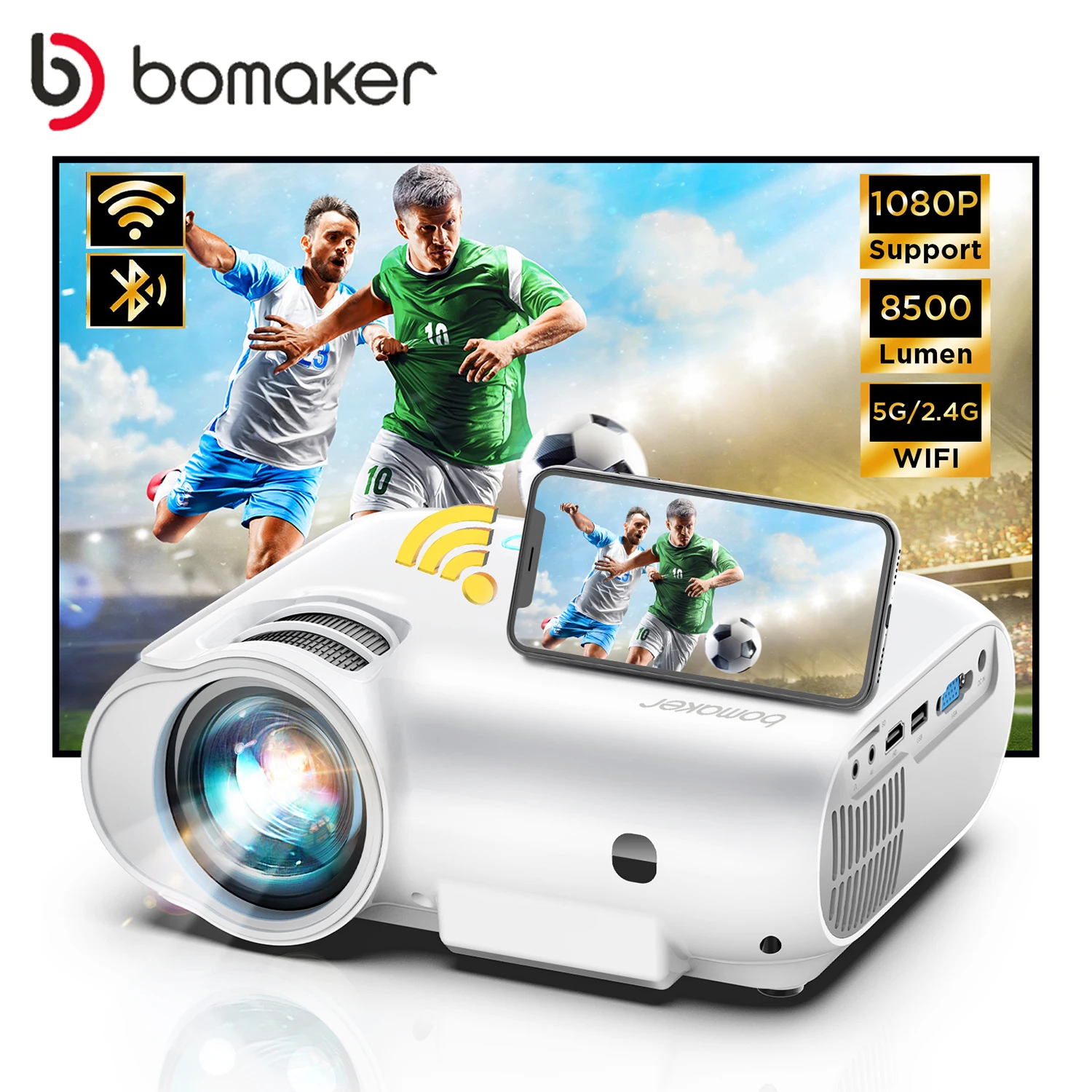 

BOMAKER Portable 5G+2.4G WIFI Projector Smart Support 1080P Full HD Movie Proyector 200'' Large Screen LED Bluetooth Projectors