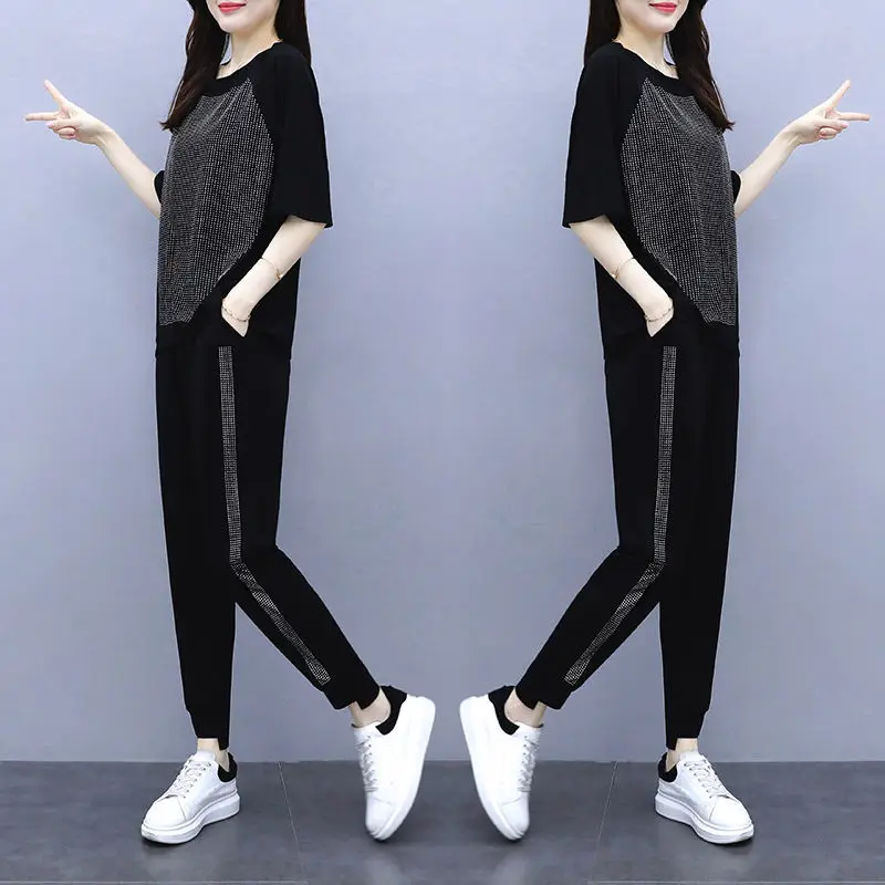 Женский брючный костюм с коротким рукавом Свободный Повседневный из двух